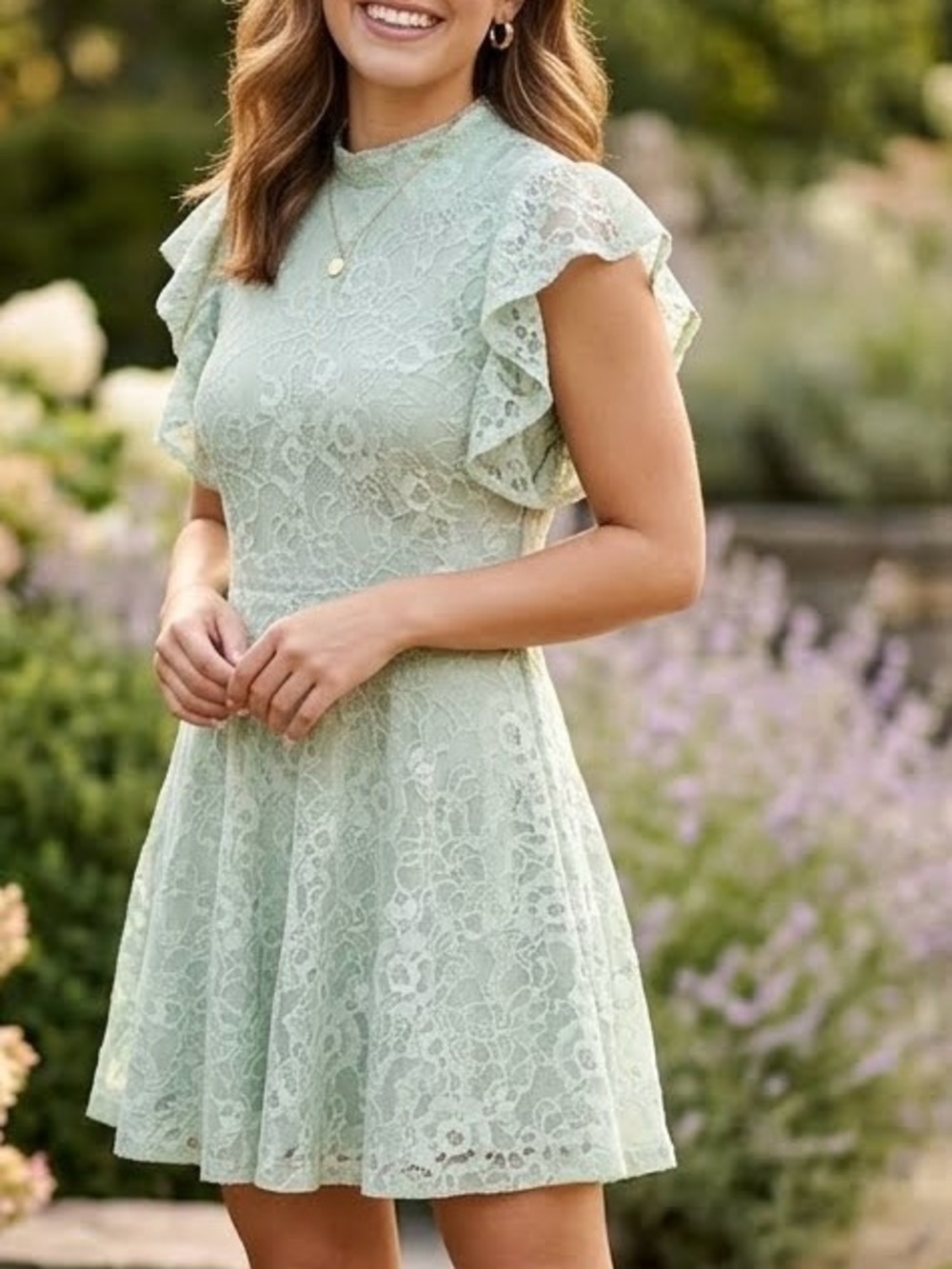 Anthropologie Maeve Lace Mock Neck Mini Dress Mint Green Ruffle Size Large Large